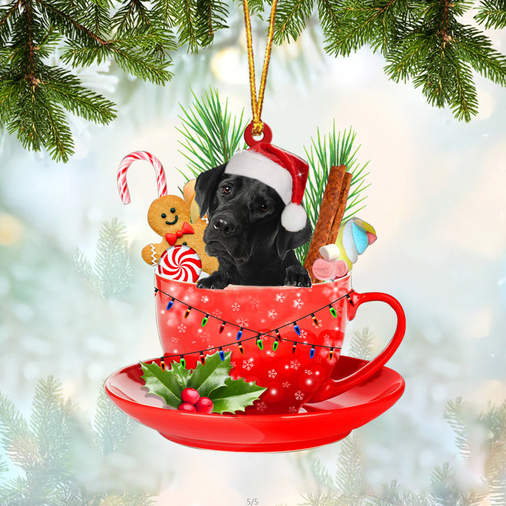 BLACK Labrador In Cup Merry Christmas Ornament Flat Acrylic Dog Ornament OO1906