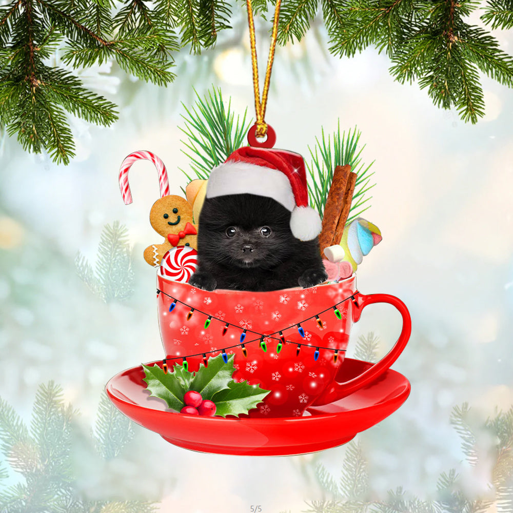 BLACK Pomeranian In Cup Merry Christmas Ornament Flat Acrylic Dog Ornament OO1907