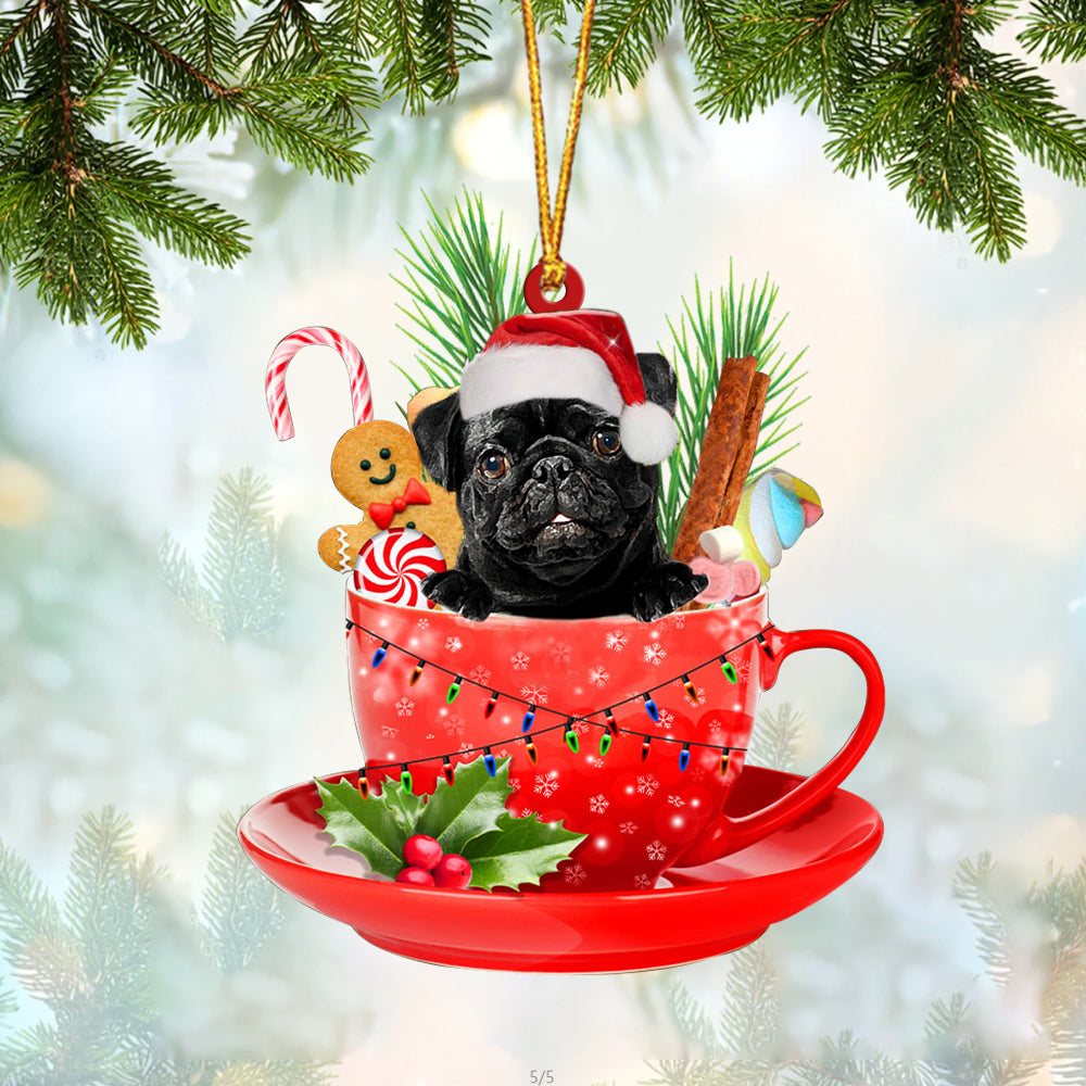 BLACK Pug In Cup Merry Christmas Ornament Flat Acrylic Dog Ornament OO1908