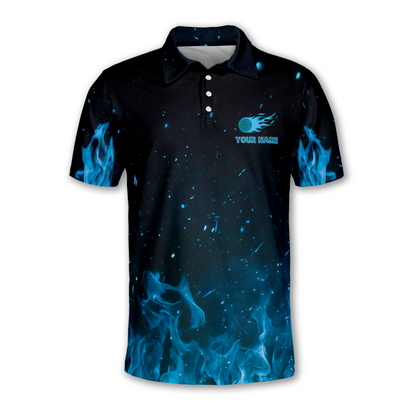 Custom Blue Flame Strike Bowling Polo Shirt Men, Custom Flame Bowling Team Shirts BM0336