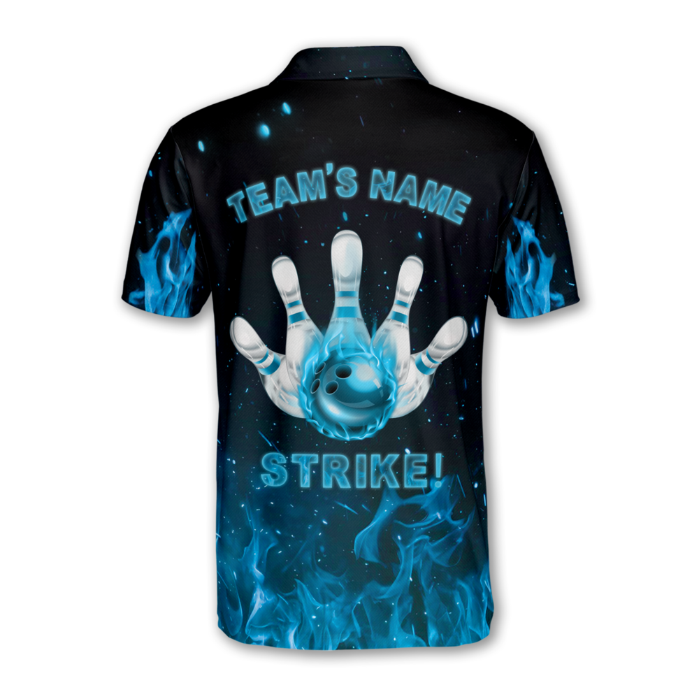 Custom Blue Flame Strike Bowling Polo Shirt Men, Custom Flame Bowling Team Shirts BM0336