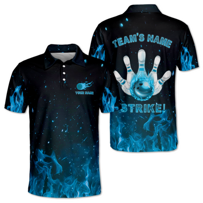 Custom Blue Flame Strike Bowling Polo Shirt Men, Custom Flame Bowling Team Shirts BM0336