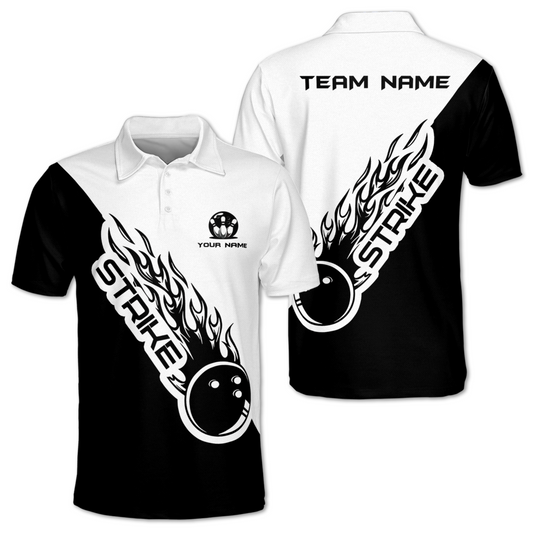 Strike Custom Black And White Bowling Polo Team Shirt For Mens, Custom Bowling Team Shirts BM0337