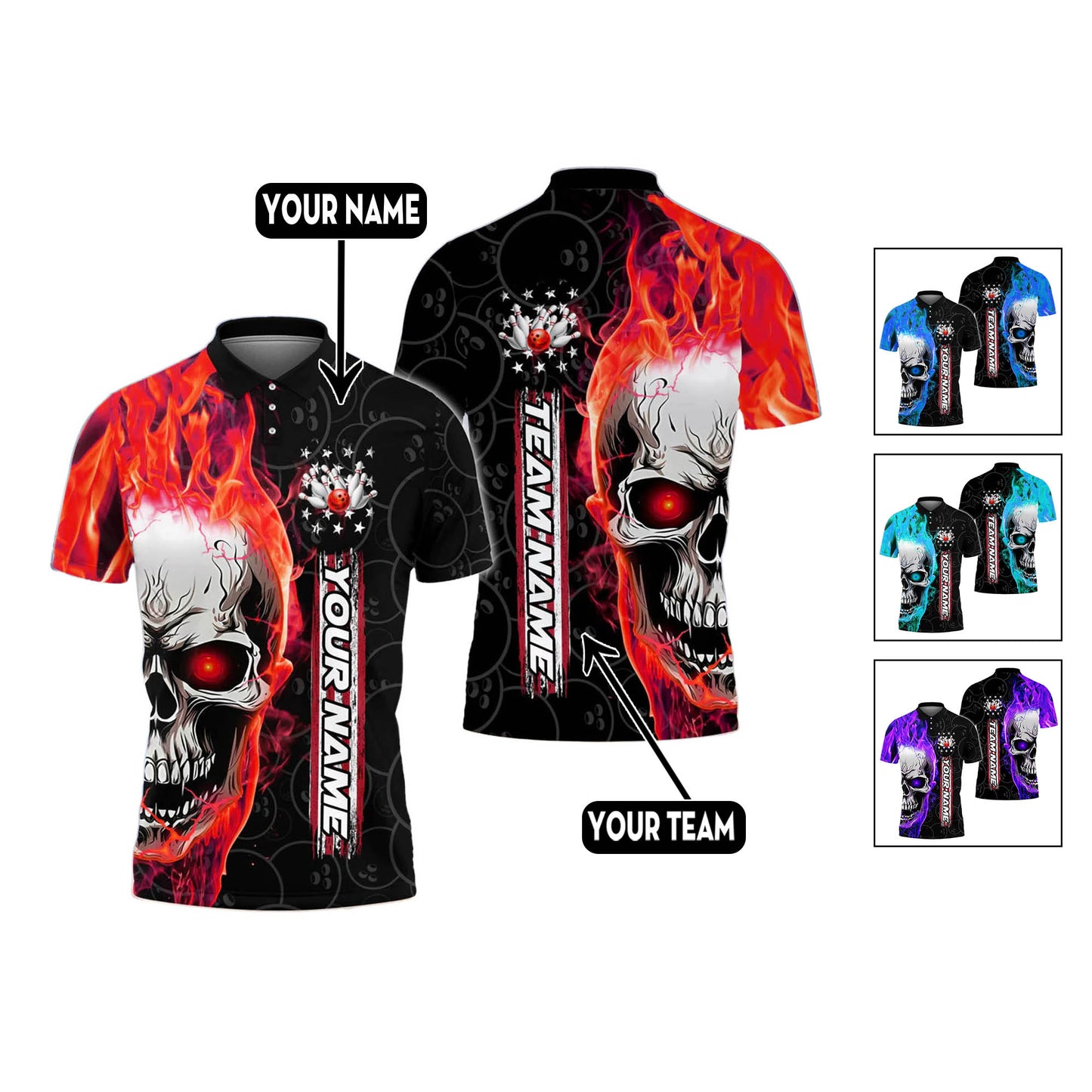 Custom Skull Flame Bowling Polo Shirts For Team BO0156