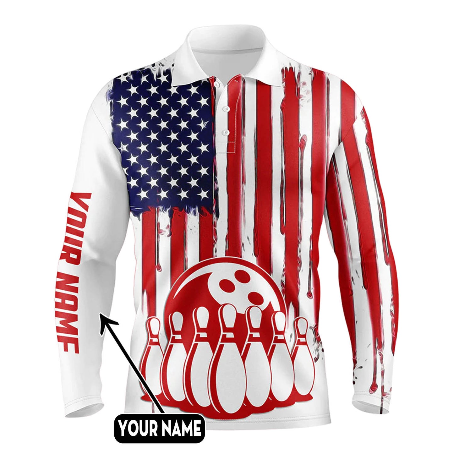 Custom American Flag Bowling Polo Long Shirts BO0291