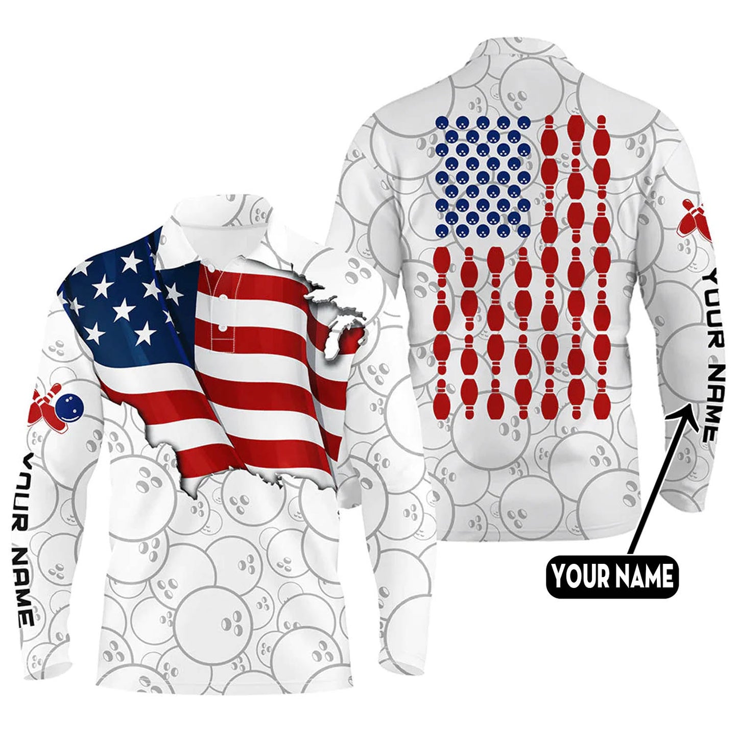 Custom American Flag Bowling Polo Long Shirts BO0292