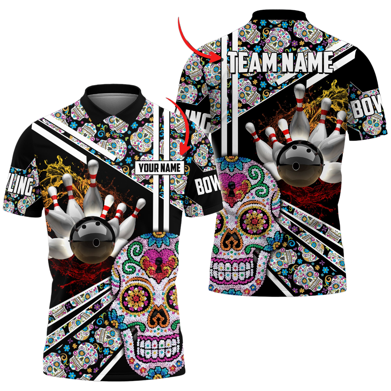 Custom Skull Bowling Polo Shirts For Team BO0337