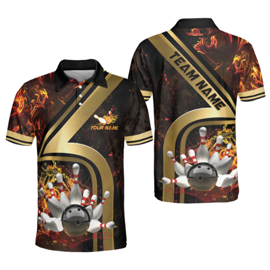 Bowling Ball & Pins Water And Flame Golden Multicolor Option Customized Name 3D Polo Shirt, Bowling Polo Shirt BO0418
