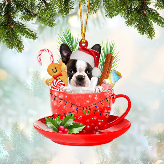 BRINDLE Boston Terrier In Cup Merry Christmas Ornament Flat Acrylic Dog Ornament OO1923