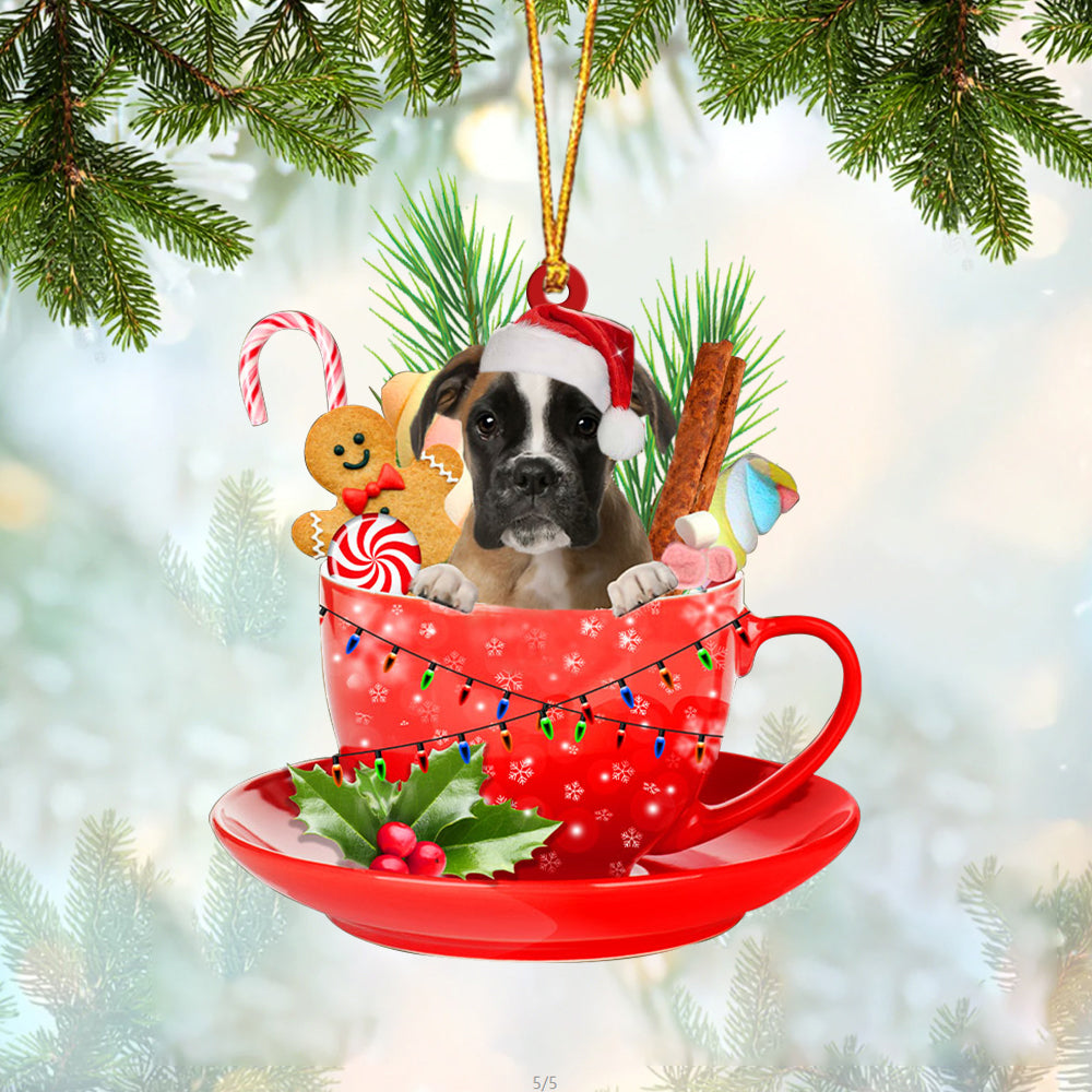 BROWN Boxer In Cup Merry Christmas Ornament Flat Acrylic Dog Ornament OO1928