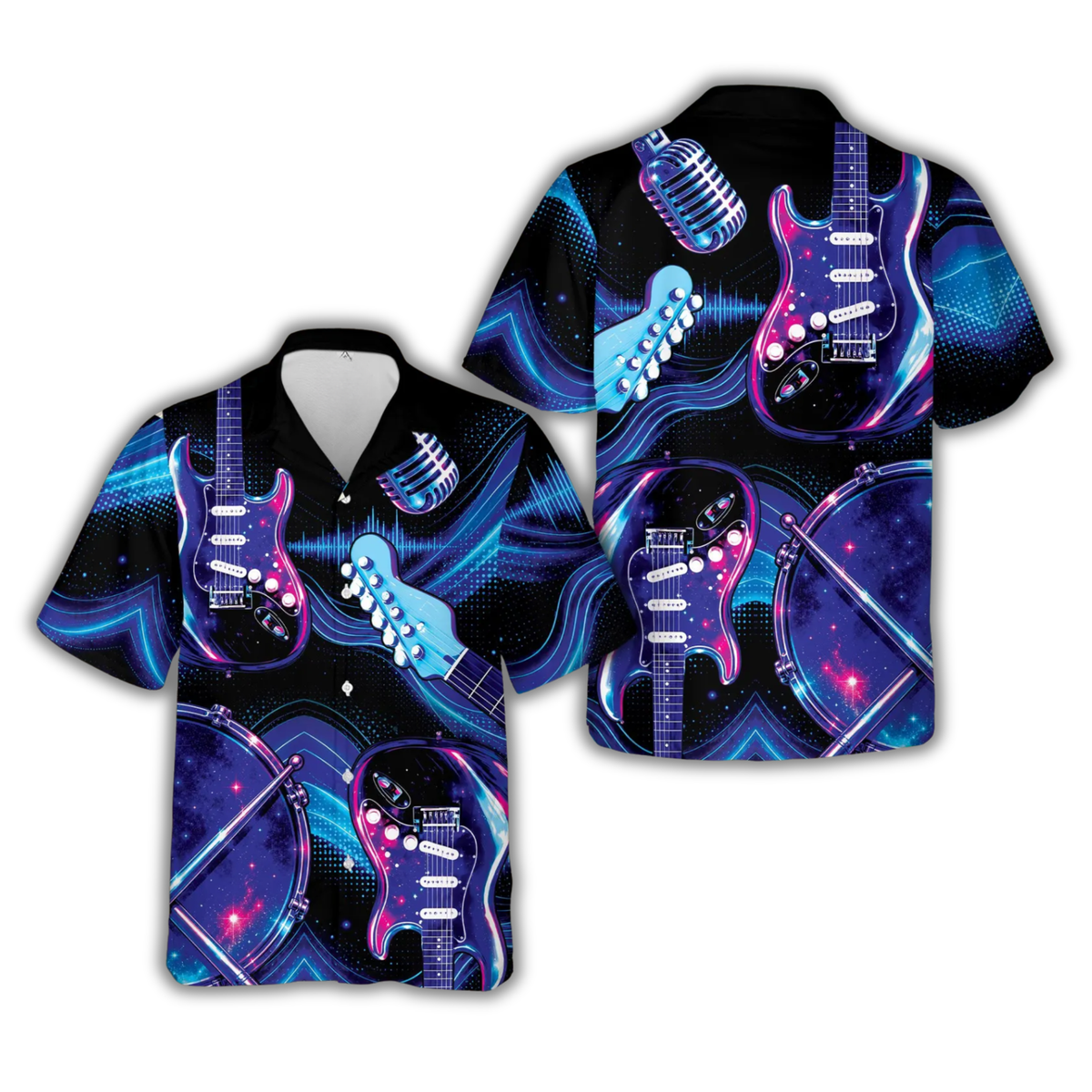 Bass Guitar Neon Galaxy Hawaiian Shirt For Men, Guitar Hawaiian Shirts HE0829