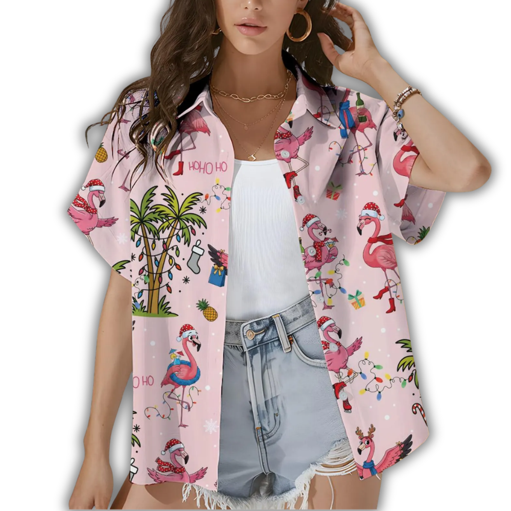 Flamingo Tropical Pink Hawaiian Shirt For Ladies, Flamingo Hawaiian Shirt For Xmas HE0881