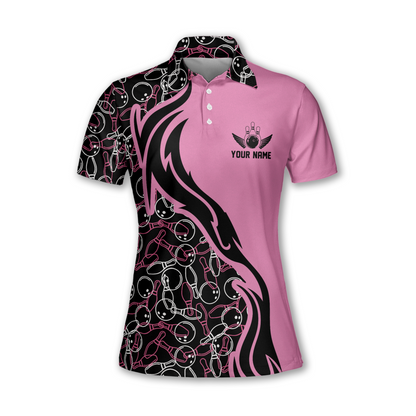 Custom Black And Pink Bowling Polo Team Shirt For Women, Custom Womens Bowling Shirts BW0160