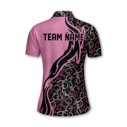 Custom Black And Pink Bowling Polo Team Shirt For Women, Custom Womens Bowling Shirts BW0160