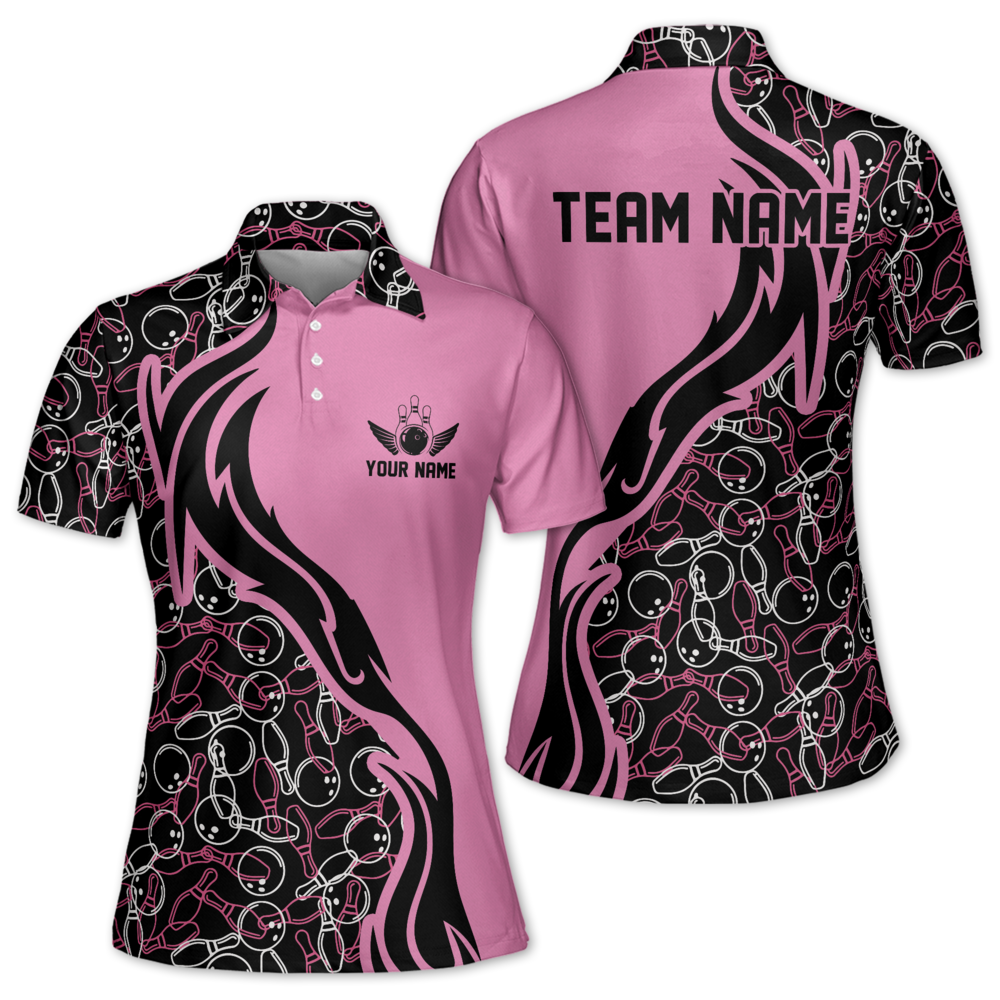 Custom Black And Pink Bowling Polo Team Shirt For Women, Custom Womens Bowling Shirts BW0160