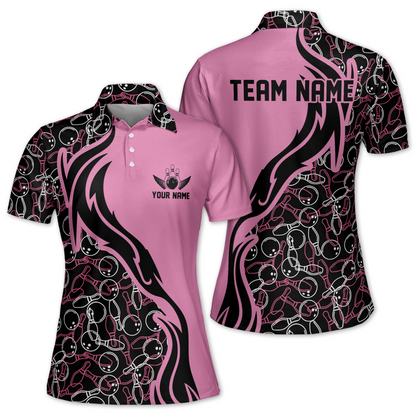 Custom Black And Pink Bowling Polo Team Shirt For Women, Custom Womens Bowling Shirts BW0160