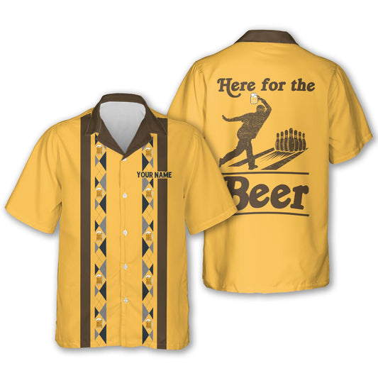 Here For The Beer Custom Yellow Bowling Hawaiian Shirt For Men, Custom Beer Bowling Shirt BZ0010