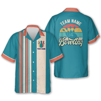 Custom Teal Vintage Bowling Hawaiian Shirt For Men, Custom Vintage Bowling Team Shirts BZ0021