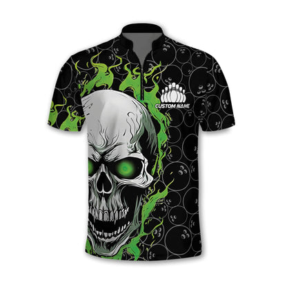 Custom Green Flame Skull Bowling Jersey Shirt For Men, Custom Skull Bowling Team Shirts BZ0144