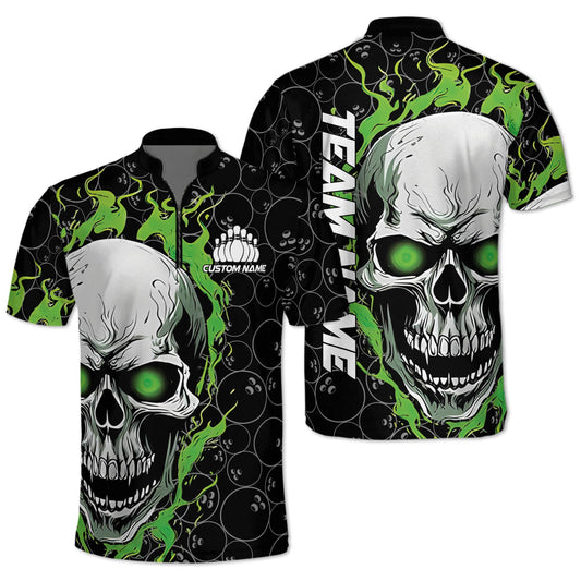 Custom Green Flame Skull Bowling Jersey Shirt For Men, Custom Skull Bowling Team Shirts BZ0144
