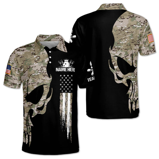 Custom Camo Skull Bowling Polo Shirt For Men, Custom Skull Bowling Shirt BZ0156