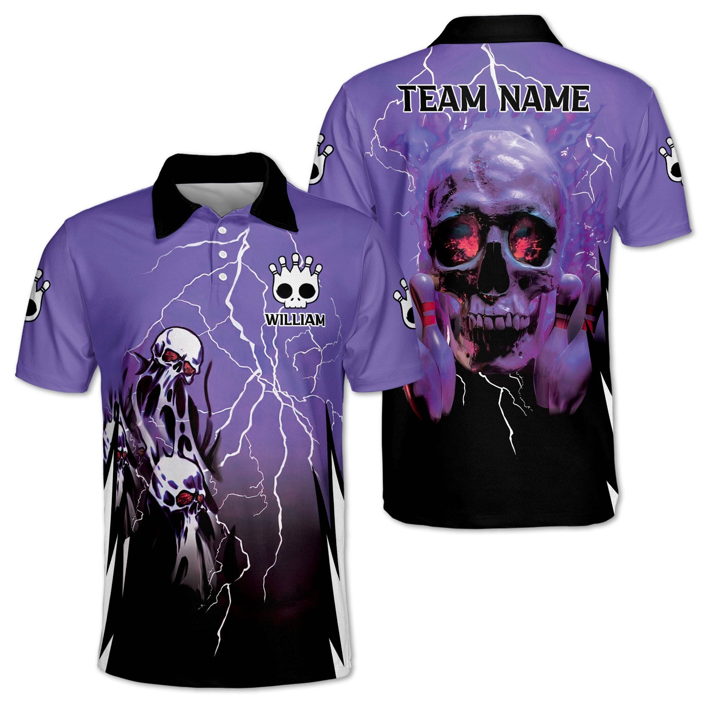 Custom Black And Red Skull Bowling Polo Shirt For Men, Custom Skull Bowling Team Shirts BZ0158