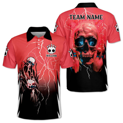 Custom Black And Red Skull Bowling Polo Shirt For Men, Custom Skull Bowling Team Shirts BZ0158