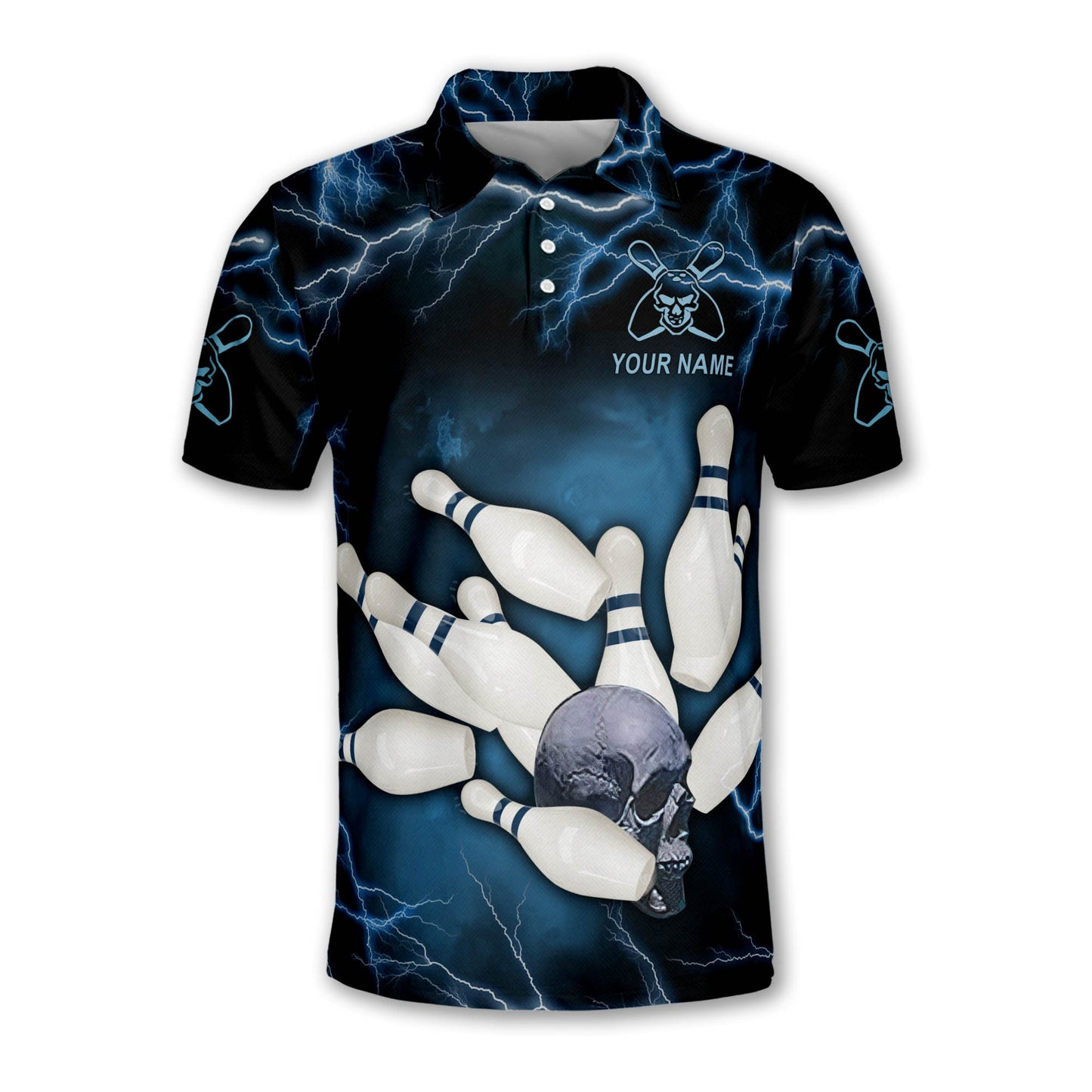 Skull Custom Black And Blue Bowling Polo Shirt For Men, Custom Skull Bowling Team Shirts BZ0191