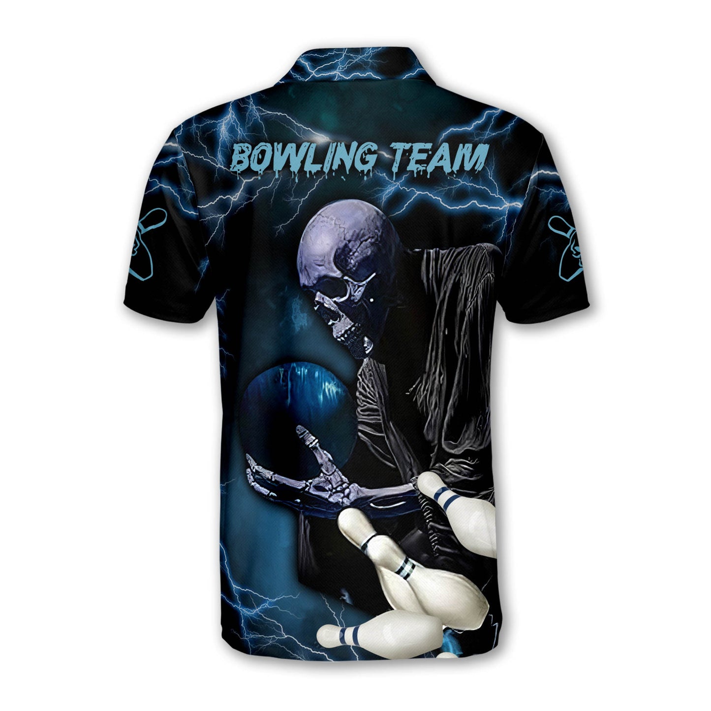 Skull Custom Black And Blue Bowling Polo Shirt For Men, Custom Skull Bowling Team Shirts BZ0191
