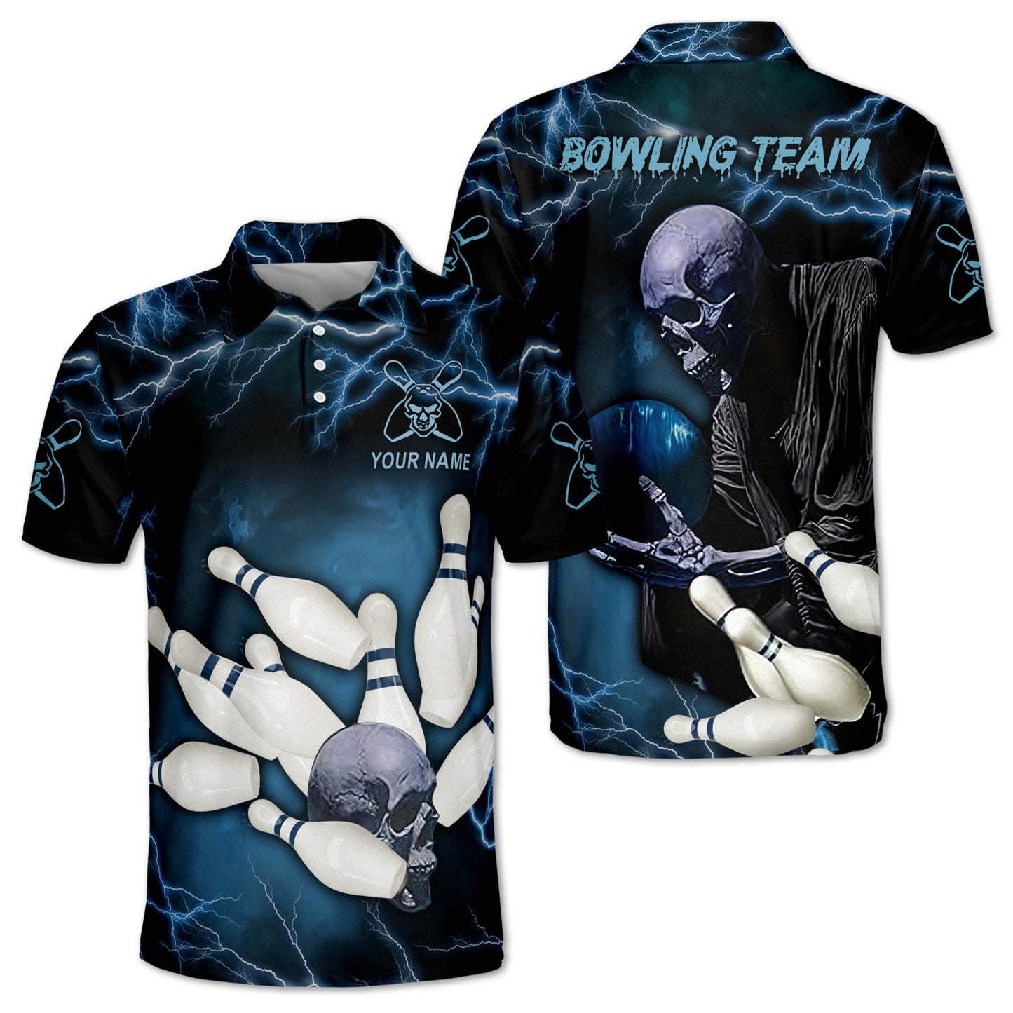 Skull Custom Black And Blue Bowling Polo Shirt For Men, Custom Skull Bowling Team Shirts BZ0191