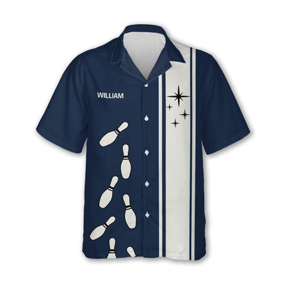 Custom Navy Blue Vintage Bowling Hawaiian Shirt For Men, Custom Vintage Bowling Team Shirts BZ0215