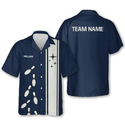 Custom Navy Blue Vintage Bowling Hawaiian Shirt For Men, Custom Vintage Bowling Team Shirts BZ0215