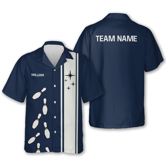 Custom Navy Blue Vintage Bowling Hawaiian Shirt For Men, Custom Vintage Bowling Team Shirts BZ0215