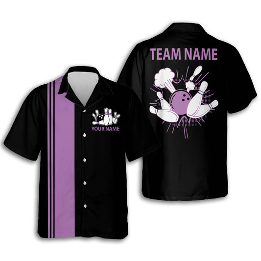 Custom Vintage Purple And Black Mens Bowling Hawaiian Shirts, Custom Bowling Team Shirts BZ0240