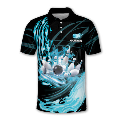 Custom Team Flame Bowling Polo Shirts For Men, Custom Cyan Flame Bowling Team Shirts BZ0241