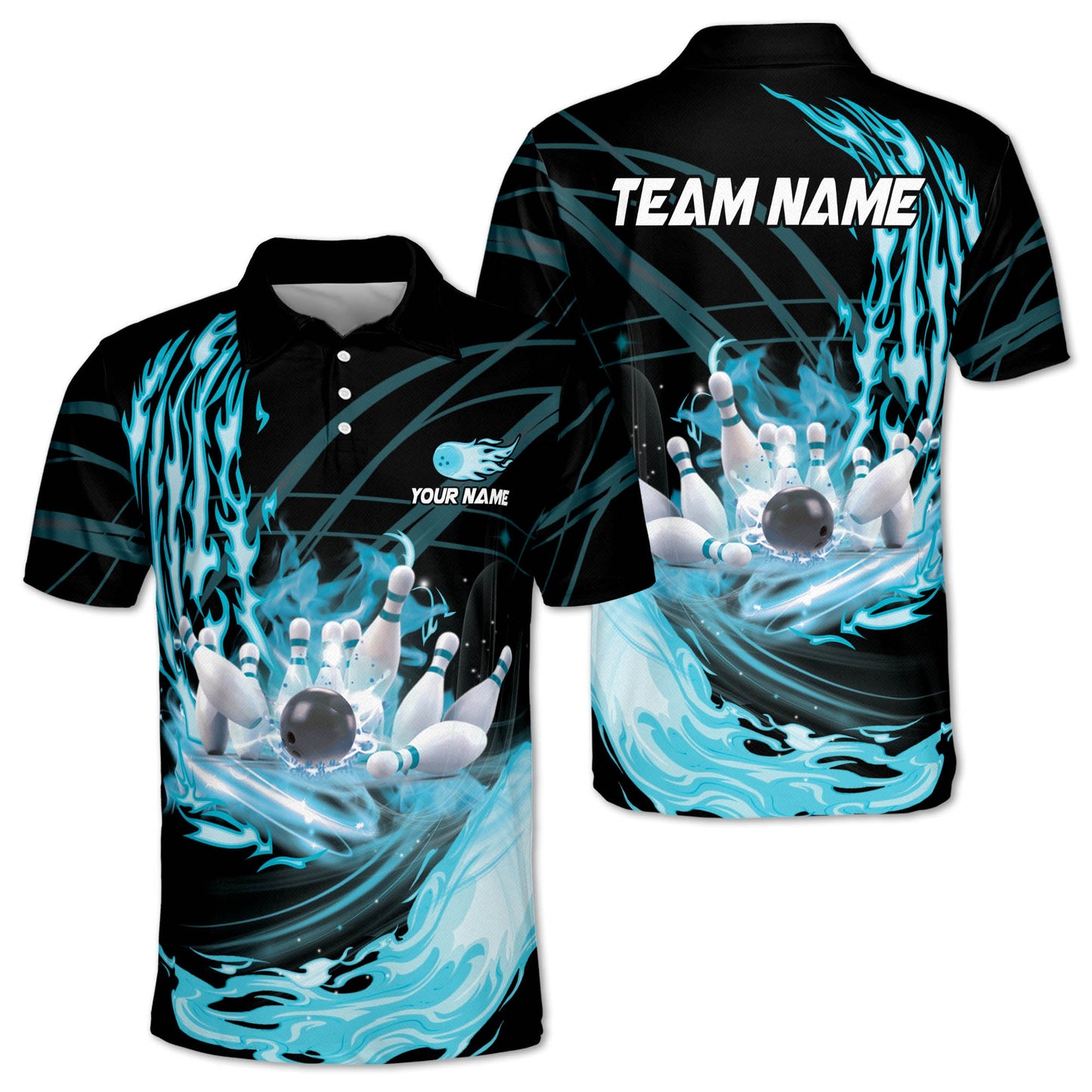 Custom Team Flame Bowling Polo Shirts For Men, Custom Cyan Flame Bowling Team Shirts BZ0241