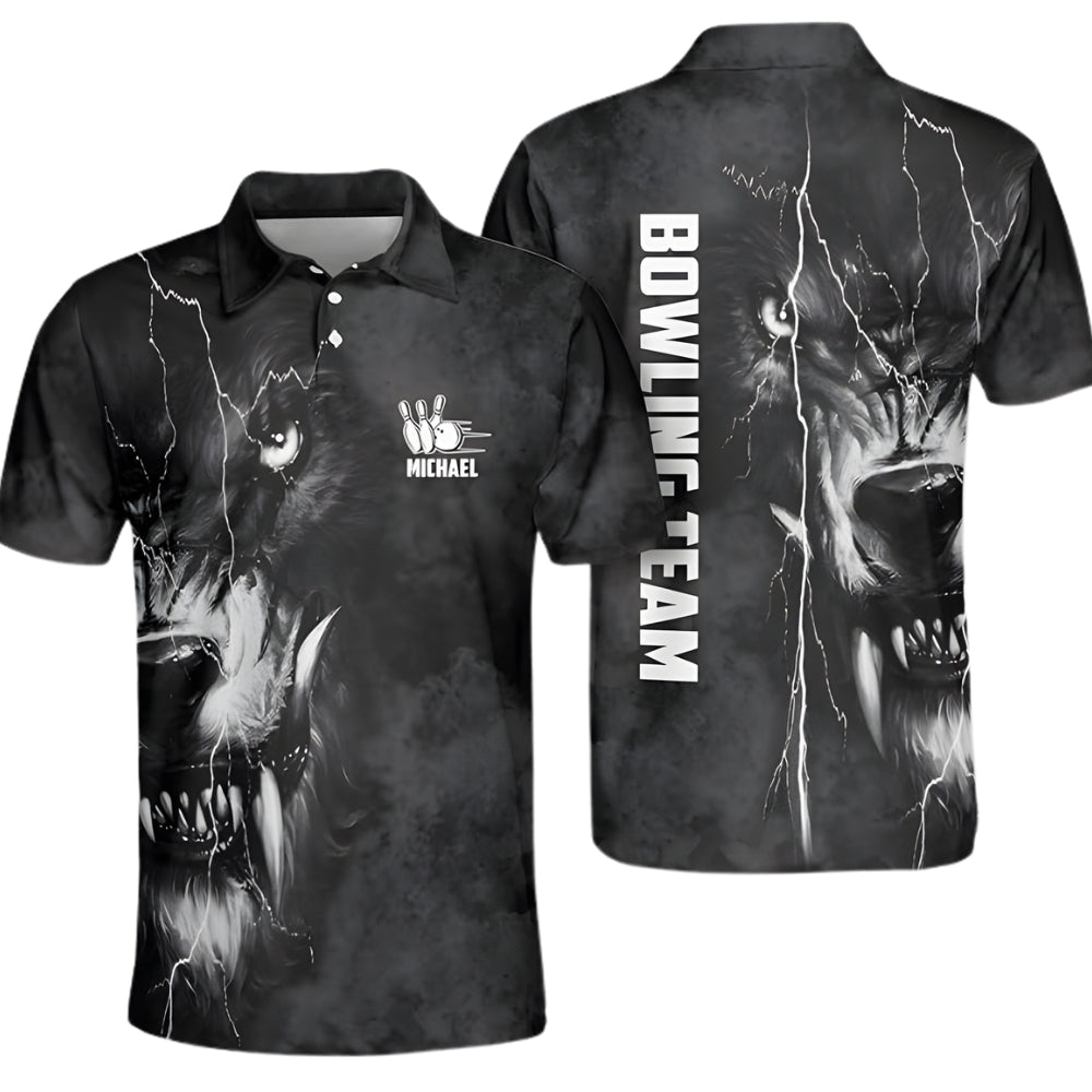 Custom Mens Wolf Black Bowling Polo Shirt, Custom Wolf Bowling Shirts For Team BZ0260