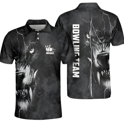 Custom Mens Wolf Black Bowling Polo Shirt, Custom Wolf Bowling Shirts For Team BZ0260