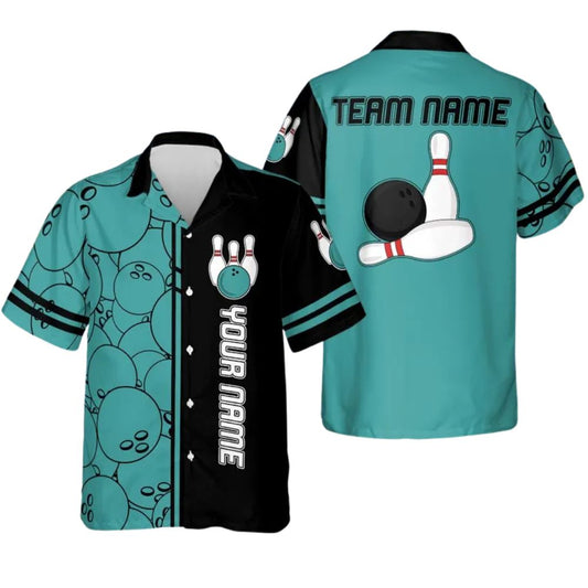 Custom Teal And Black Hawaiian Bowling Team Shirts, Custom Bowling Shirts BZ0265