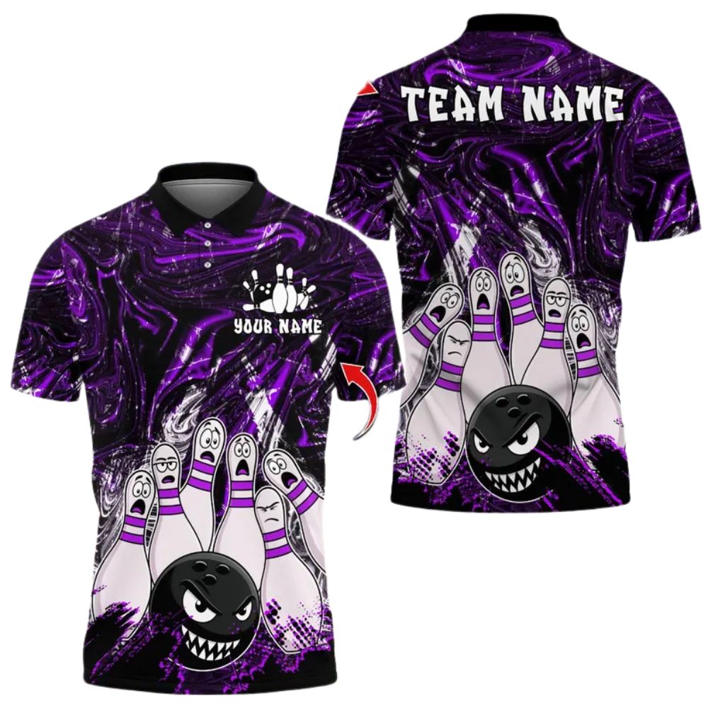 Custom Purple Funny Bowling Polo Shirts For Men, Custom Funny Bowling Team Shirts BZ0276