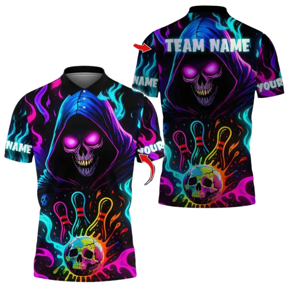 Custom Skull Bowling Polo Shirts For Men, Custom Skull Bowling Team Shirts BZ0277