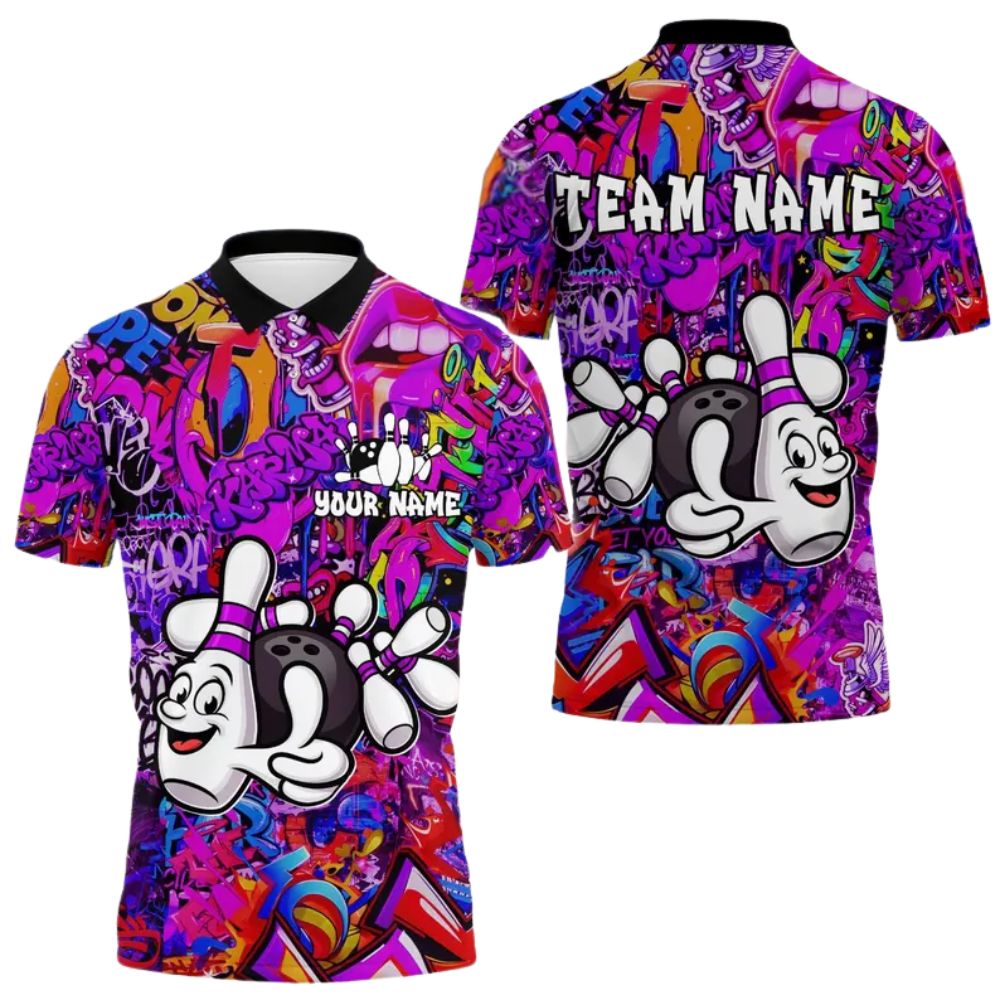 Custom Graffiti Bowling And Pins Polo Shirts For Men, Custom Funny Bowling Team Shirts BZ0278