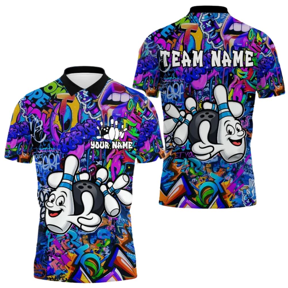 Custom Graffiti Bowling And Pins Polo Shirts For Men, Custom Funny Bowling Team Shirts BZ0278