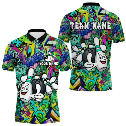 Custom Graffiti Bowling And Pins Polo Shirts For Men, Custom Funny Bowling Team Shirts BZ0278