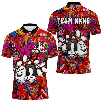 Custom Graffiti Bowling And Pins Polo Shirts For Men, Custom Funny Bowling Team Shirts BZ0278