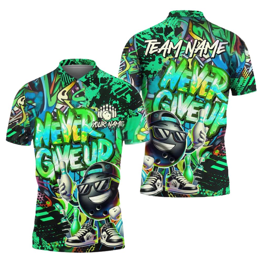 Never Give Up Custom Graffiti Funny Bowling Polo Shirts Men, Custom Funny Bowling Team Shirts BZ0281