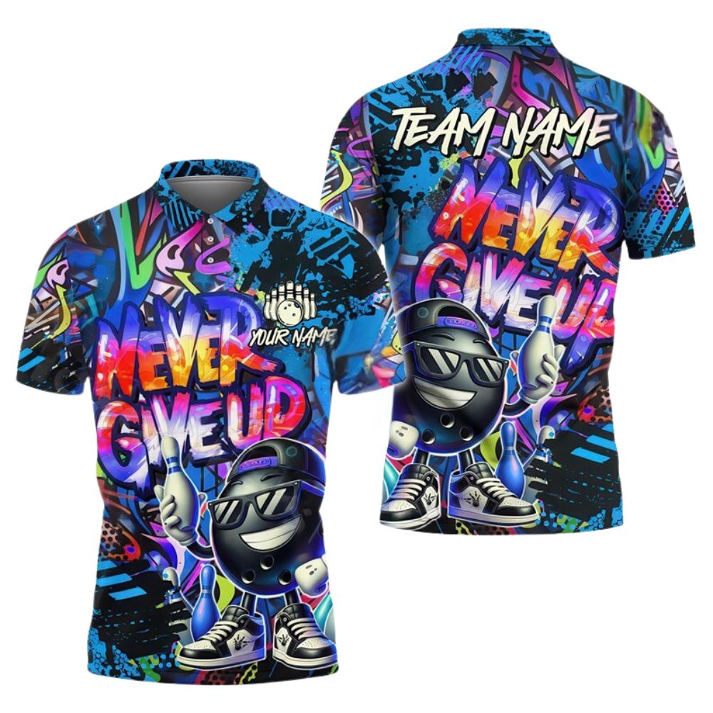 Never Give Up Custom Graffiti Funny Bowling Polo Shirts Men, Custom Funny Bowling Team Shirts BZ0281