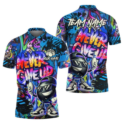 Never Give Up Custom Graffiti Funny Bowling Polo Shirts Men, Custom Funny Bowling Team Shirts BZ0281
