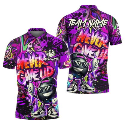 Never Give Up Custom Graffiti Funny Bowling Polo Shirts Men, Custom Funny Bowling Team Shirts BZ0281