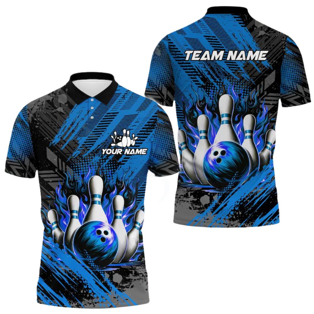 Custom Green Flame Bowling Polo Shirt For Men, Custom Flame Bowling Team Shirts BZ0282